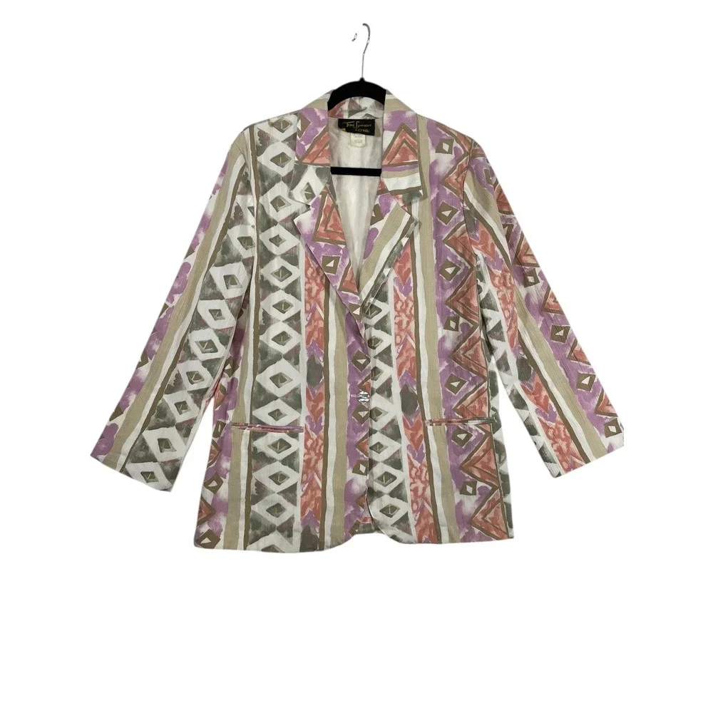 Toni Garment Women Blazer Abstract Print Vintage 80s Shoulder Pads Career Medium